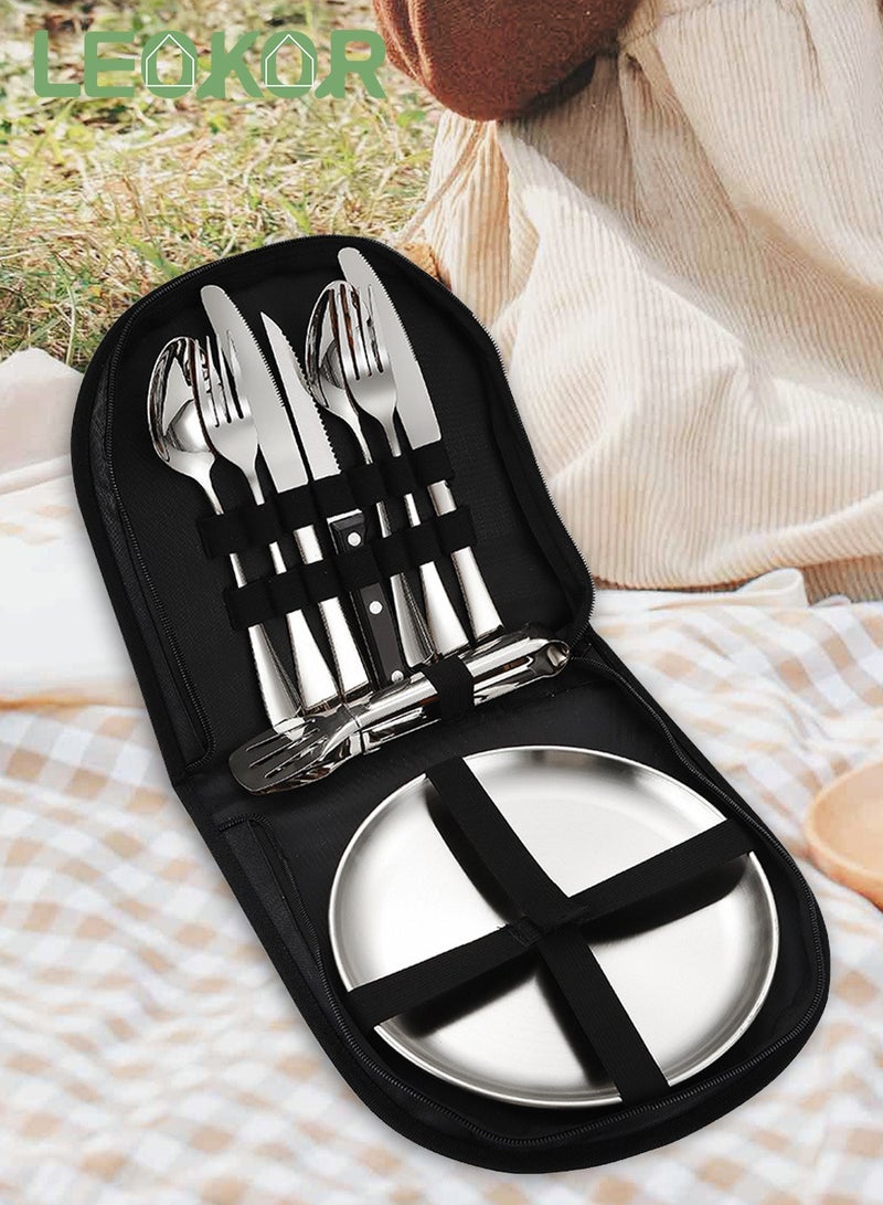 LEOKOR طقم أدوات مائدة للتخييم مكون من 10 قطع مع حقيبة تخزين محمولة طقم أدوات مائدة من الفولاذ المقاوم للصدأ لشخصين لمطبخ المخيم والشواء - Image 4
