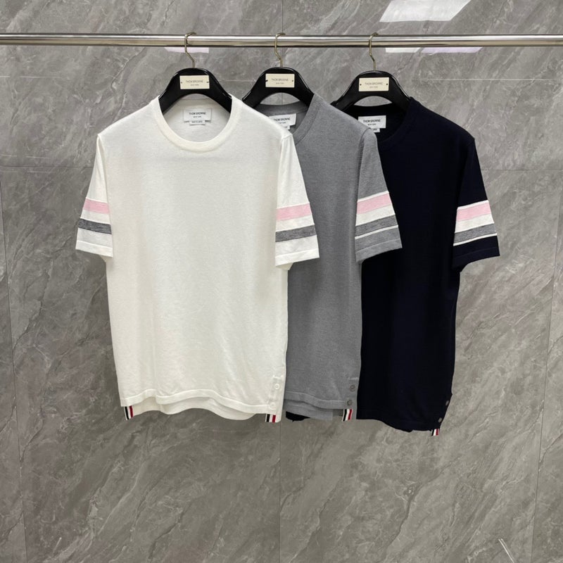 Tb Double-Sleeved Red, White And Blue Knitted Short-Sleeved T-Shirt Men'S And Women'S Lovers Pure Cotton Casual T-Shirt Summer Men'S Season - Image 2