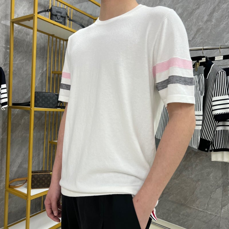 Tb Double-Sleeved Red, White And Blue Knitted Short-Sleeved T-Shirt Men'S And Women'S Lovers Pure Cotton Casual T-Shirt Summer Men'S Season - Image 5