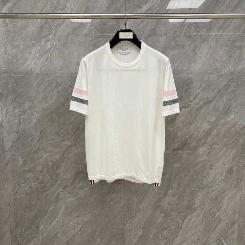 Tb Double-Sleeved Red, White And Blue Knitted Short-Sleeved T-Shirt Men'S And Women'S Lovers Pure Cotton Casual T-Shirt Summer Men'S Season - Image 1