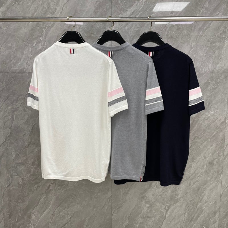 Tb Double-Sleeved Red, White And Blue Knitted Short-Sleeved T-Shirt Men'S And Women'S Lovers Pure Cotton Casual T-Shirt Summer Men'S Season - Image 3