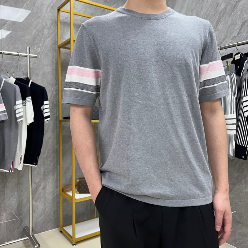 Tb Double-Sleeved Red, White And Blue Knitted Short-Sleeved T-Shirt Men'S And Women'S Lovers Pure Cotton Casual T-Shirt Summer Men'S Season - Image 4