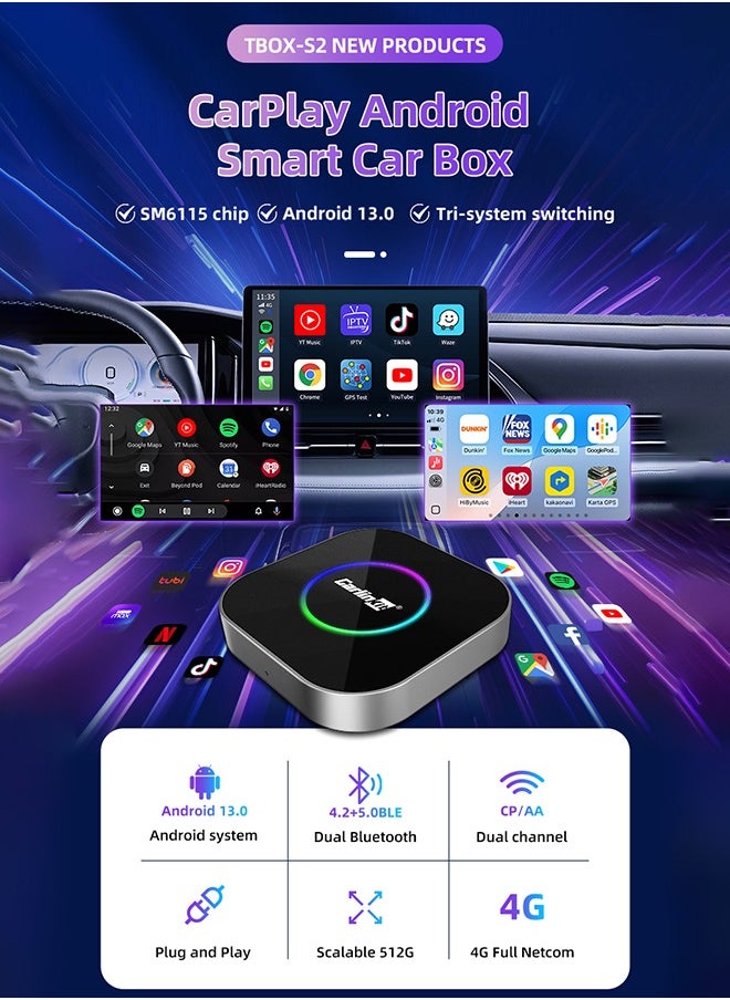 Carlinkit Tbox, Android 13, 4+64GB with Qualcomm 8-core, 3-in-1 Wireless Adapter with CarPlay/Android Auto/Play Store/Streaming Video/Game Hub/Built-in GPS