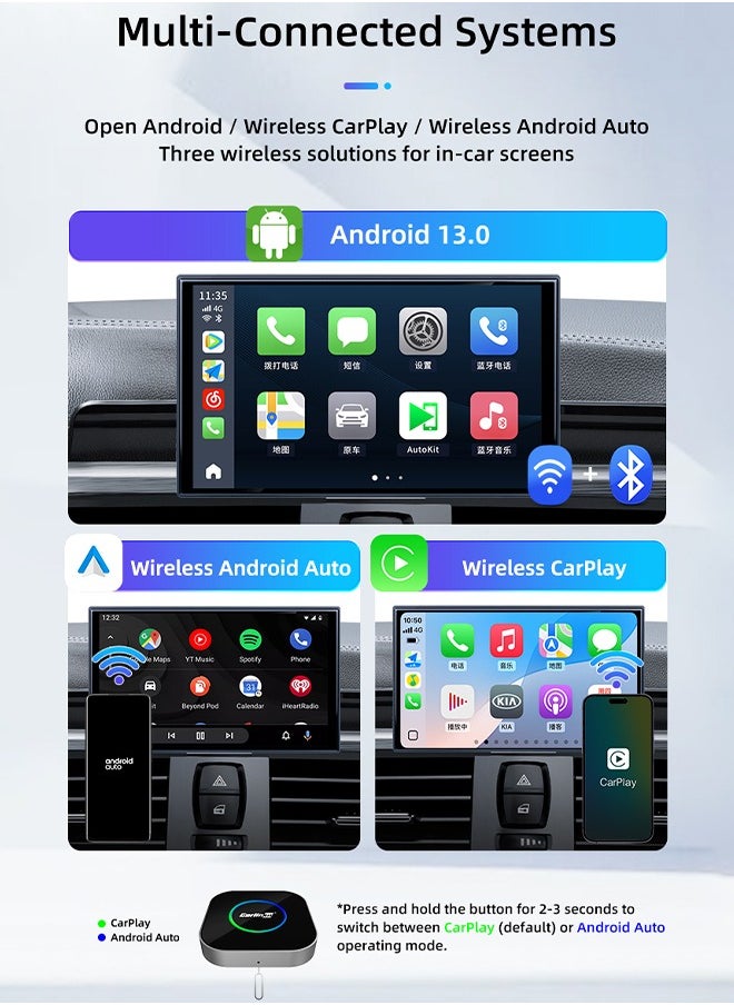 Carlinkit Tbox, Android 13, 4+64GB with Qualcomm 8-core, 3-in-1 Wireless Adapter with CarPlay/Android Auto/Play Store/Streaming Video/Game Hub/Built-in GPS