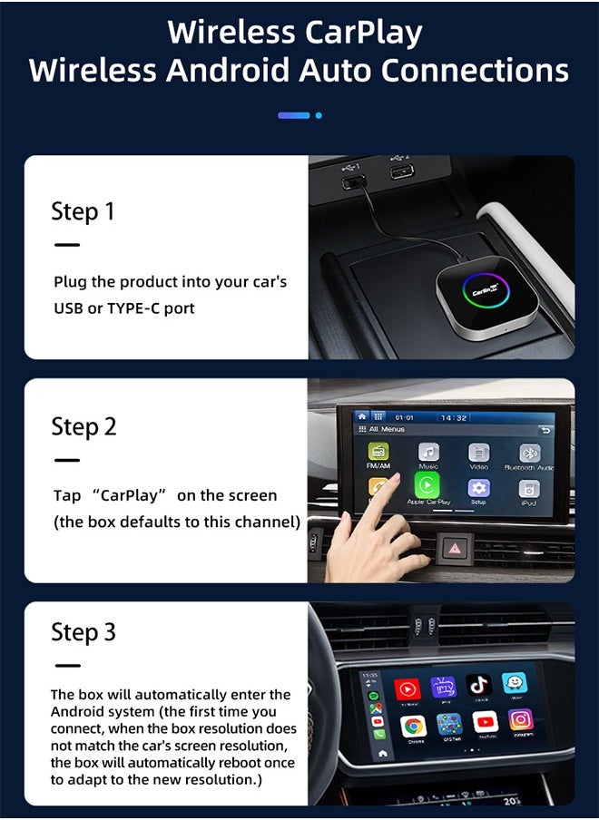 Carlinkit Tbox, Android 13, 4+64GB with Qualcomm 8-core, 3-in-1 Wireless Adapter with CarPlay/Android Auto/Play Store/Streaming Video/Game Hub/Built-in GPS