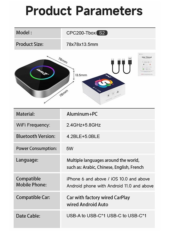 Carlinkit Tbox, Android 13, 4+64GB with Qualcomm 8-core, 3-in-1 Wireless Adapter with CarPlay/Android Auto/Play Store/Streaming Video/Game Hub/Built-in GPS