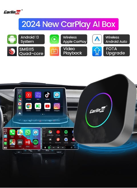 Carlinkit Tbox, Android 13, 4+64GB with Qualcomm 8-core, 3-in-1 Wireless Adapter with CarPlay/Android Auto/Play Store/Streaming Video/Game Hub/Built-in GPS