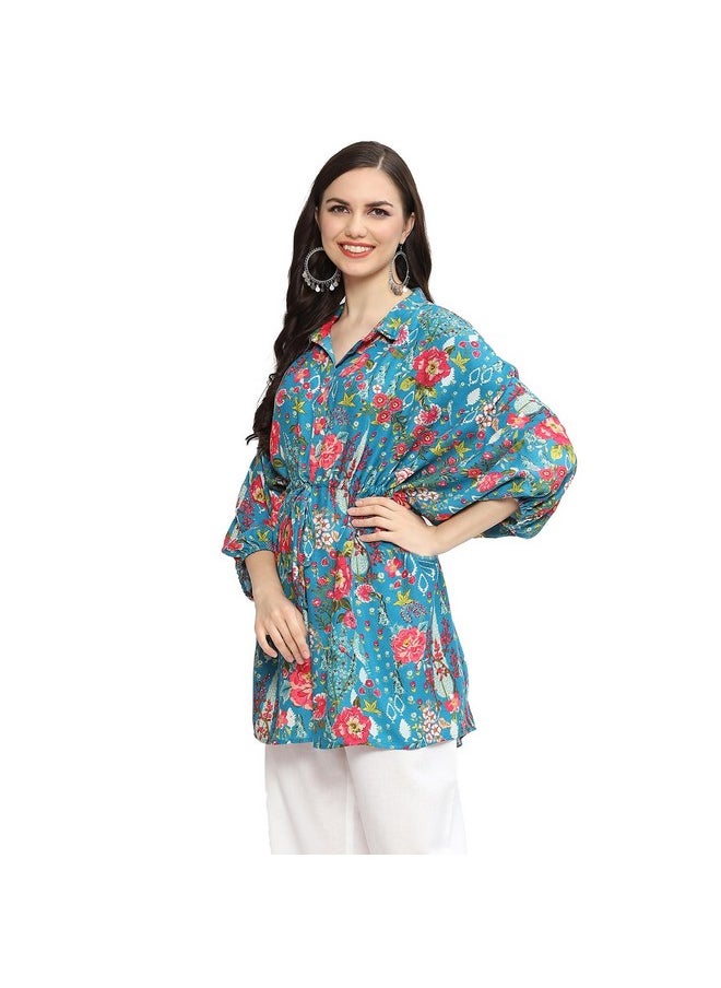 Biba - BIBA Women Printed Straight Mix and Match Blouse (Rajniwas19577_Teal_40) - Image 1