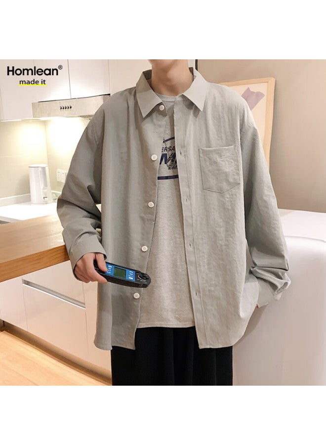 Homlean Style Solid Color Literary Shirt Men's Autumn And Winter Long Sleeve Basic High-end Hong Kong Style Casual Inner Wear Hl02 Medium Gray XL - Image 2