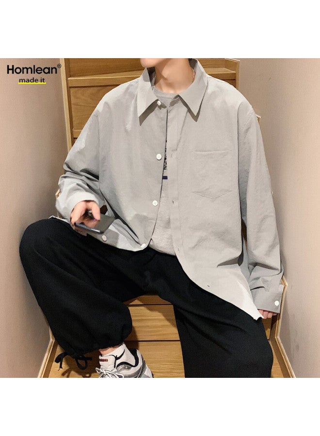 Homlean Style Solid Color Literary Shirt Men's Autumn And Winter Long Sleeve Basic High-end Hong Kong Style Casual Inner Wear Hl02 Medium Gray XL - Image 4