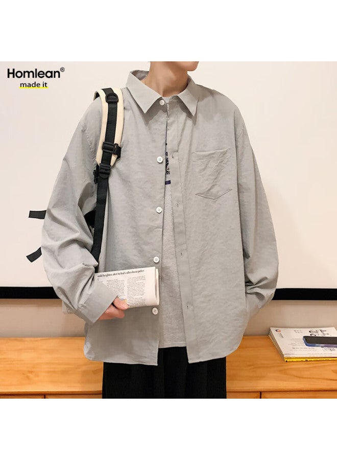 Homlean Style Solid Color Literary Shirt Men's Autumn And Winter Long Sleeve Basic High-end Hong Kong Style Casual Inner Wear Hl02 Medium Gray XL - Image 1