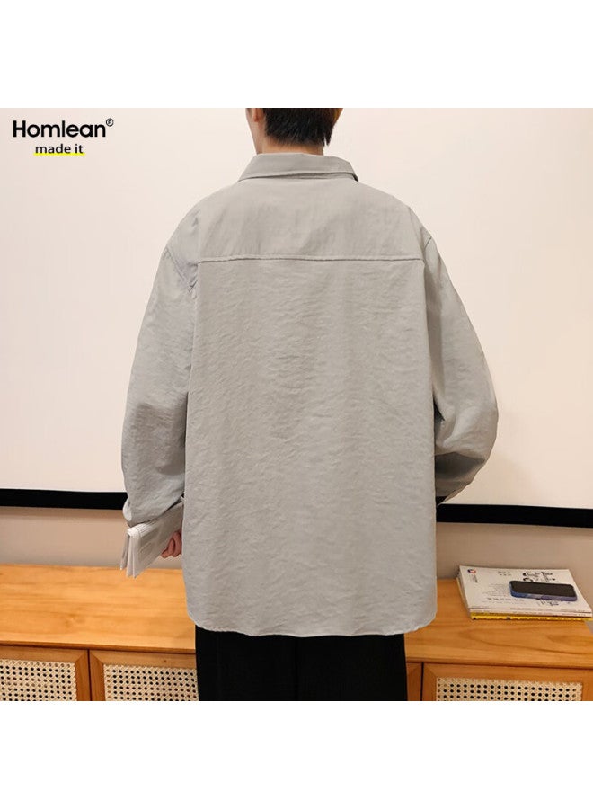 Homlean Style Solid Color Literary Shirt Men's Autumn And Winter Long Sleeve Basic High-end Hong Kong Style Casual Inner Wear Hl02 Medium Gray XL - Image 3