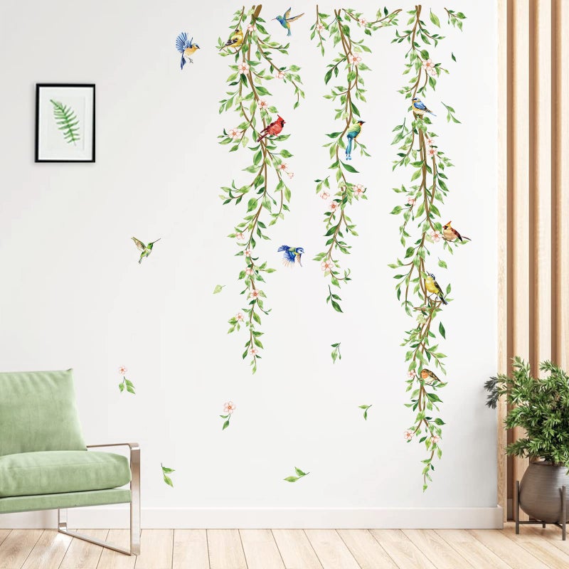 decalmile Hanging Vine Wall Decals Birds Green Leaf Wall Stickers Bedroom Living Room Office Kitchen Wall Decor - Image 2