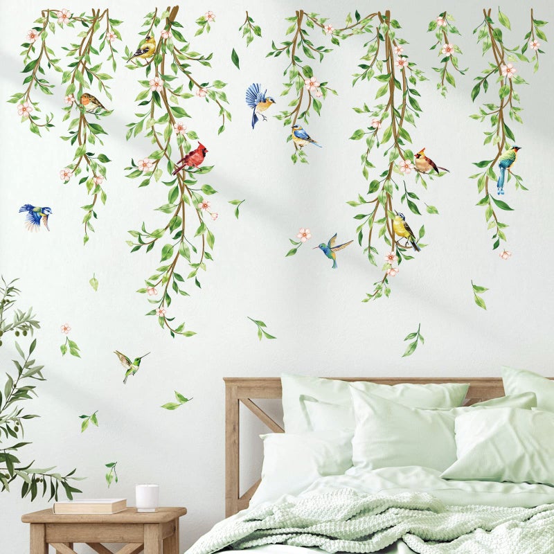 decalmile Hanging Vine Wall Decals Birds Green Leaf Wall Stickers Bedroom Living Room Office Kitchen Wall Decor - Image 1