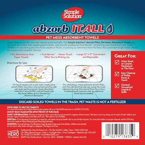 Simple Solution Abzorbitall Pet Mess Absorbent Towels - Multi-Surface Urine and Dog Poop Cleaning Sheets - 12 x 17 inches - 30 Towels - Image 2