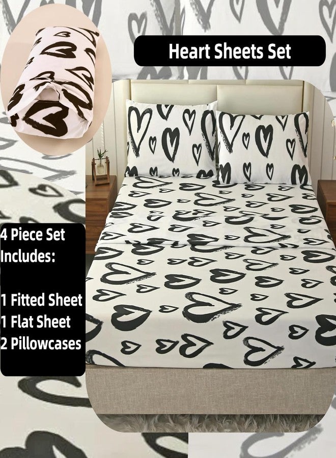 SDIII 4PCS Love Heart Sheets Set Queen, Soft Microfiber Black and White Heart Bed Sheets Queen, Romantic Hearts Bedding Sheet Deep Pocket All Season - Image 2