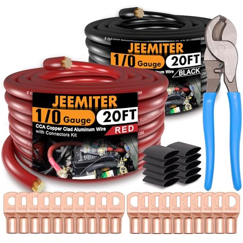 Jeemiter 1/0 Gauge CCA Wire Kit - 20ft Red & 20ft Black with Free Wire Cutter | Car Amplifier Power & Ground Cable for Big 3 Upgrade, Solar, RV - Image 1