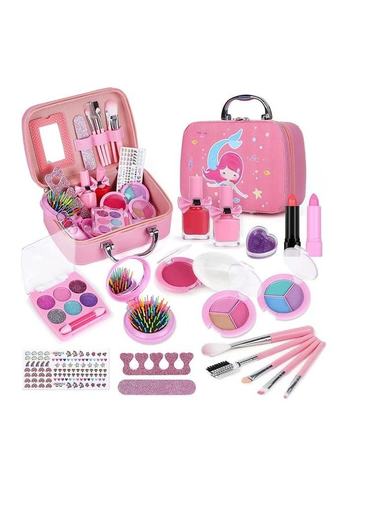 مجموعة مكياج حقيقية قابلة للغسل للفتيات الصغيرات فوق 8 سنوات، مجموعة مكياج للفتيات مع محفظة مستحضرات تجميل للأميرة اللطيفة، ألعاب تظاهر للعب الفتيات (صندوق حورية البحر) - Image 1