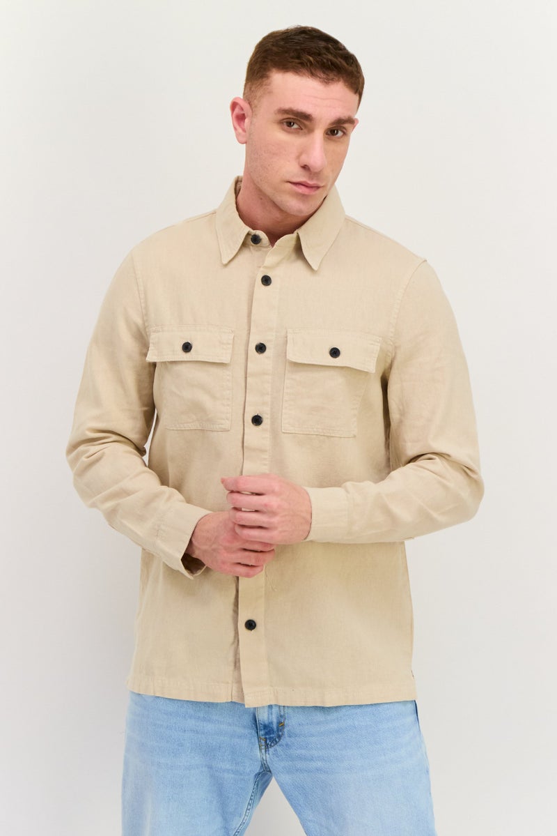 Threadbare Men Regular Fit Solid Long Sleeves Casual Shirt, Beige - Image 1