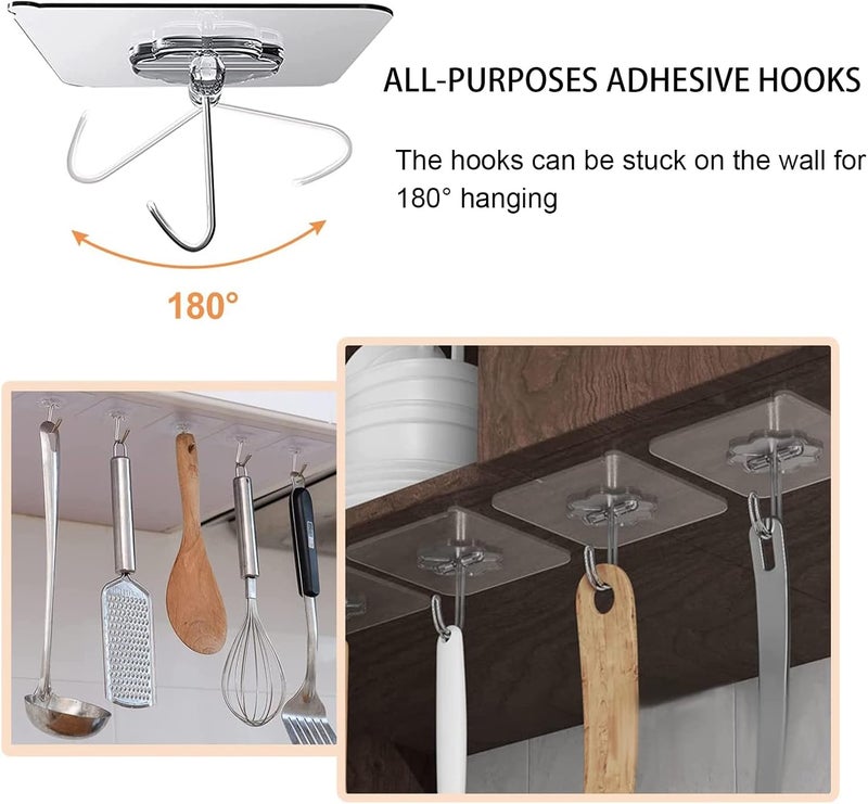 Adove Adhesive Hooks for Hanging, Heavy Duty Wall Hooks 20 Pack, Removable Sticky Ceiling Hooks, Transparent Self Adhesive Shower Hooks, Water & Oil Proof Strong 22lb(Max) Door Coat Hooks - Image 2