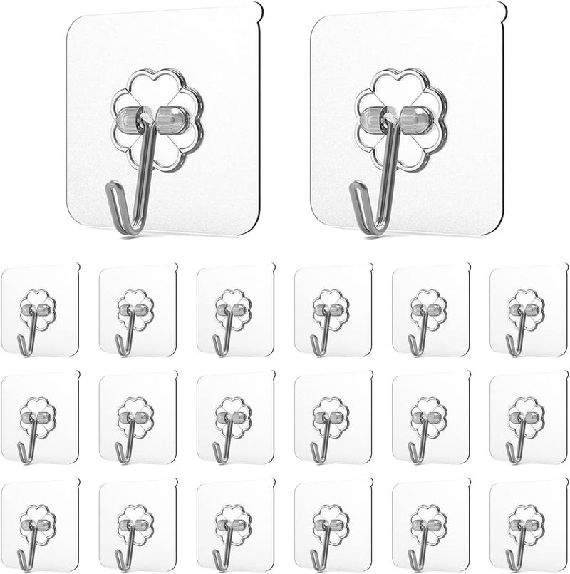Adove Adhesive Hooks for Hanging, Heavy Duty Wall Hooks 20 Pack, Removable Sticky Ceiling Hooks, Transparent Self Adhesive Shower Hooks, Water & Oil Proof Strong 22lb(Max) Door Coat Hooks - Image 1