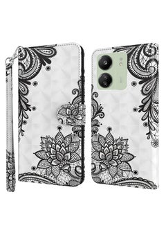 HuHa Case Cover For Xiaomi Redmi 13C 5G / 4G 3D Painting Pattern Flip Leather Phone Case Diagonal Black Flower 