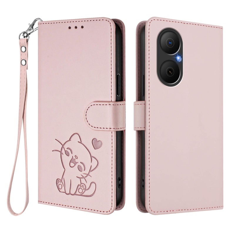 erorex For Huawei Enjoy 80 / Nova Y73 Embossed  Cat Leather Phone Case with Hand Strap(Pink) - Image 2