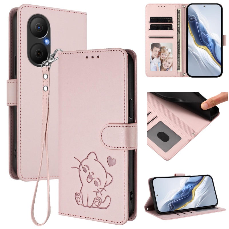 erorex For Huawei Enjoy 80 / Nova Y73 Embossed  Cat Leather Phone Case with Hand Strap(Pink) - Image 1