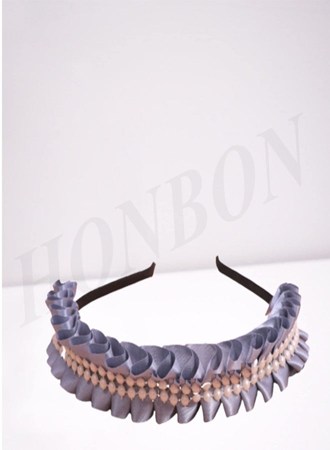 Honbon Hairband combo set Plastic Headband Frill Design Satin Ribbon with Beads Cutwork Fancy Hairband hair hoop Headdress Headwear Kapda Hairband Girls/Kids 1pcs (Grey Hairband) - Image 5