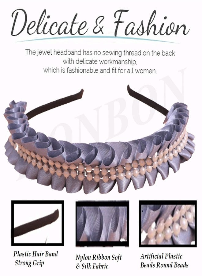 Honbon Hairband combo set Plastic Headband Frill Design Satin Ribbon with Beads Cutwork Fancy Hairband hair hoop Headdress Headwear Kapda Hairband Girls/Kids 1pcs (Grey Hairband) - Image 4