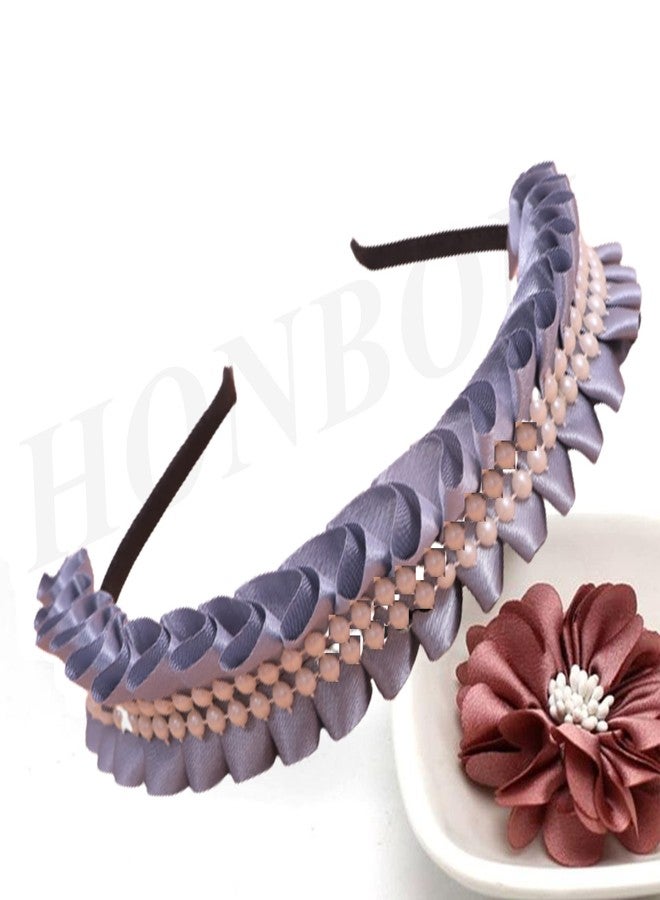 Honbon Hairband combo set Plastic Headband Frill Design Satin Ribbon with Beads Cutwork Fancy Hairband hair hoop Headdress Headwear Kapda Hairband Girls/Kids 1pcs (Grey Hairband) - Image 1