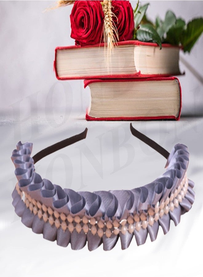 Honbon Hairband combo set Plastic Headband Frill Design Satin Ribbon with Beads Cutwork Fancy Hairband hair hoop Headdress Headwear Kapda Hairband Girls/Kids 1pcs (Grey Hairband) - Image 3