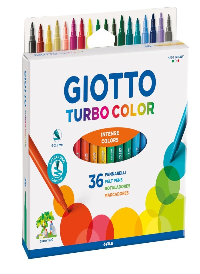 GIOTTO Turbocolor Felt Tip Fibre Pens, Fine Tip Nib 2.8mm, 36 Assorted Colours, Ideal for Children, Parties and Schools - Image 1