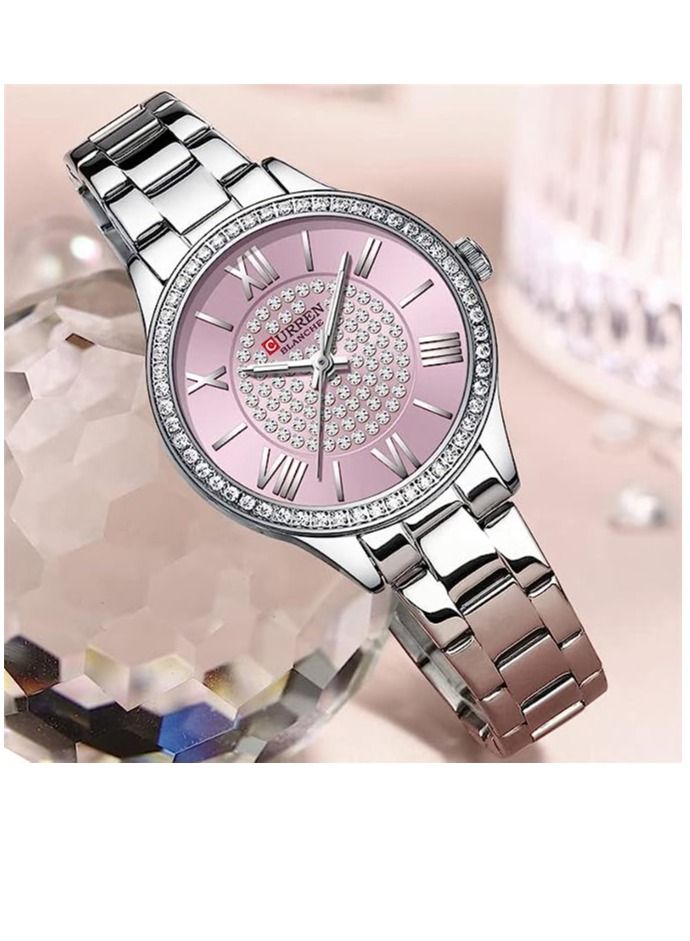 CURREN ساعة معصم نسائية من ماركة كيرين 9084 الأصلية بحزام من الفولاذ المقاوم للصدأ مع علبة (فضي وردي) - Image 1