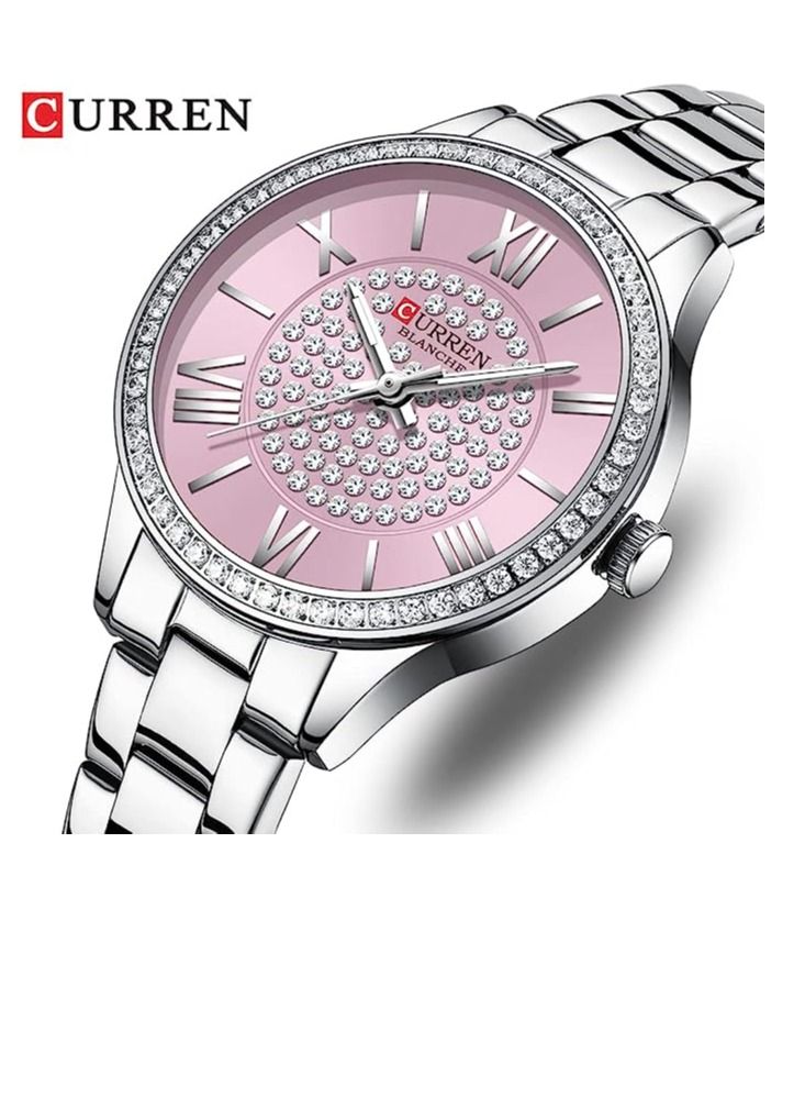 CURREN ساعة معصم نسائية من ماركة كيرين 9084 الأصلية بحزام من الفولاذ المقاوم للصدأ مع علبة (فضي وردي) - Image 4