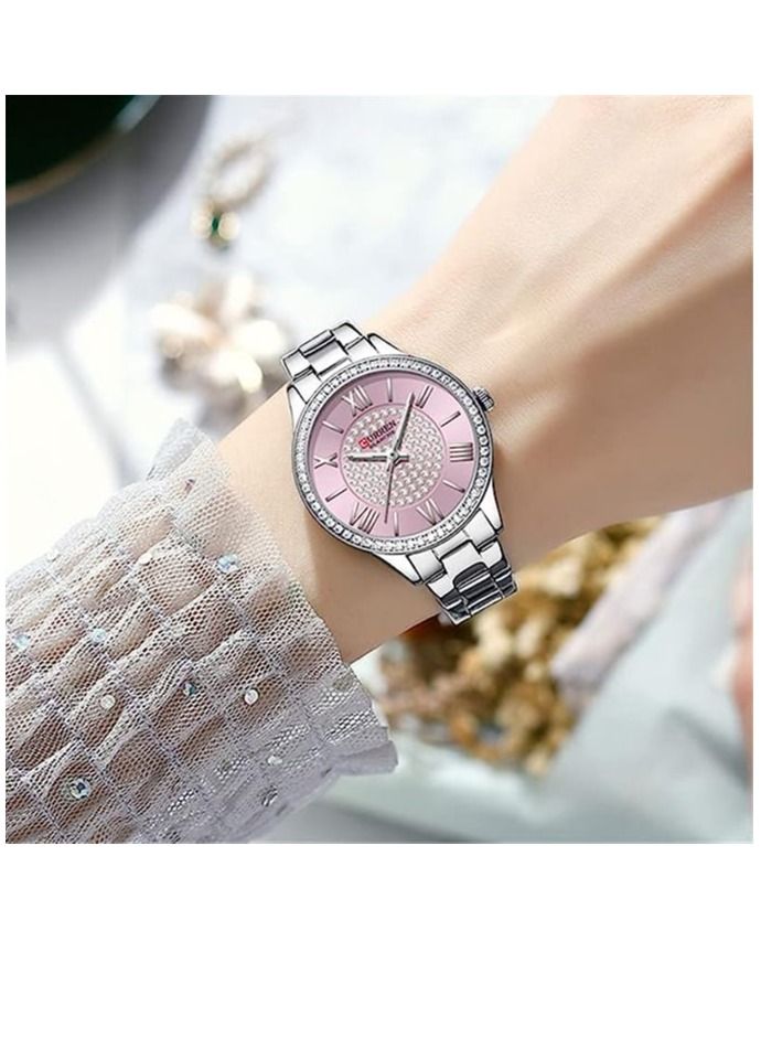 CURREN ساعة معصم نسائية من ماركة كيرين 9084 الأصلية بحزام من الفولاذ المقاوم للصدأ مع علبة (فضي وردي) - Image 2