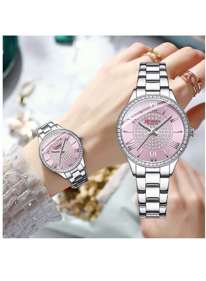CURREN ساعة معصم نسائية من ماركة كيرين 9084 الأصلية بحزام من الفولاذ المقاوم للصدأ مع علبة (فضي وردي) - Image 3