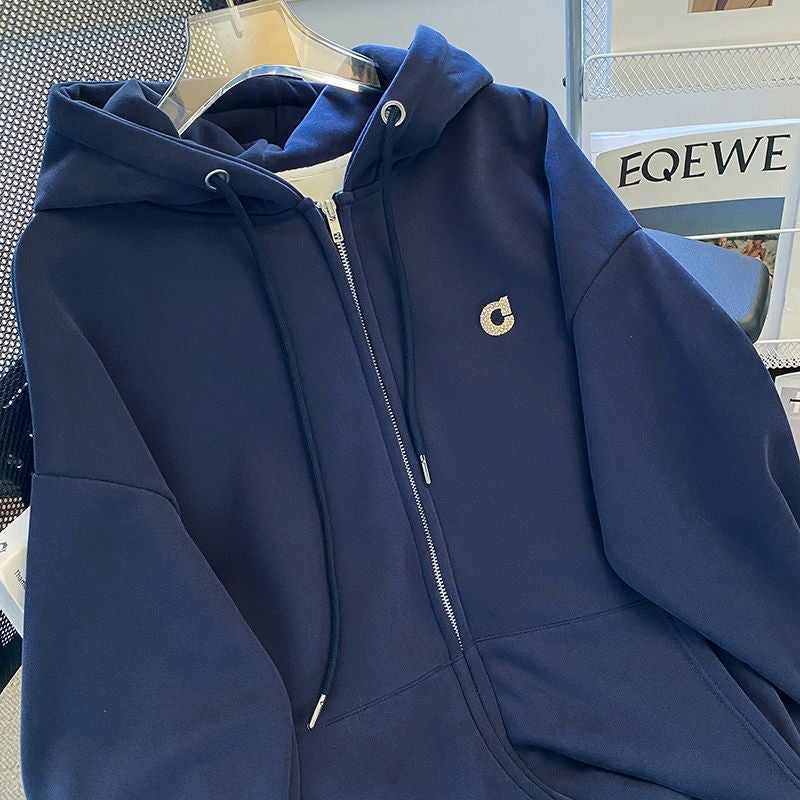 Designed Loose Zipper Cardigan Navy Blue Jacket Retro Hooded Sweatshirt For Men And Women Style Fleece-Lined Trend - Image 4