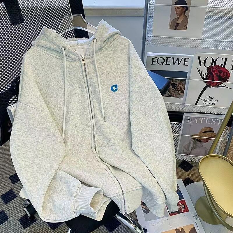 Designed Loose Zipper Cardigan Navy Blue Jacket Retro Hooded Sweatshirt For Men And Women Style Fleece-Lined Trend - Image 1