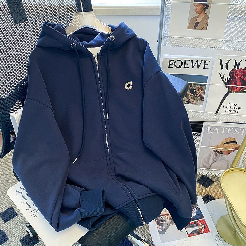 Designed Loose Zipper Cardigan Navy Blue Jacket Retro Hooded Sweatshirt For Men And Women Style Fleece-Lined Trend - Image 2
