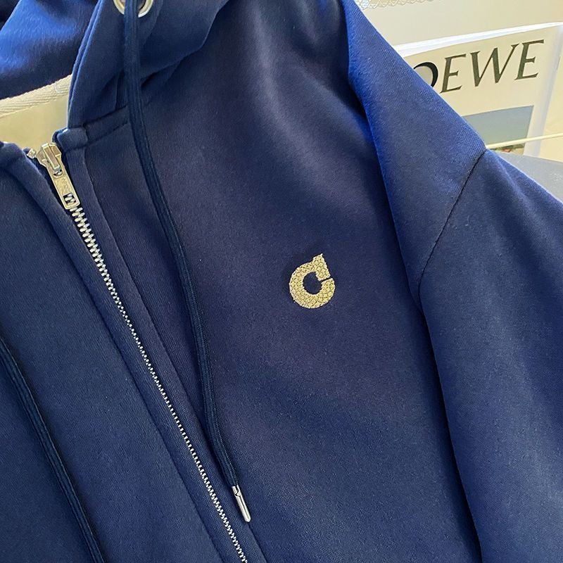 Designed Loose Zipper Cardigan Navy Blue Jacket Retro Hooded Sweatshirt For Men And Women Style Fleece-Lined Trend - Image 5