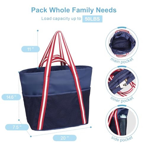 F-color Waterproof Beach Bag with Zipper - 8 Pockets Machine Washable Beach Tote with Sandproof Mesh Bag for Women, Carry on Swim Bag for Travel Pool Gym Cruise Vacation Essentials, Blue - Image 4