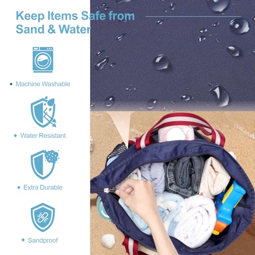 F-color Waterproof Beach Bag with Zipper - 8 Pockets Machine Washable Beach Tote with Sandproof Mesh Bag for Women, Carry on Swim Bag for Travel Pool Gym Cruise Vacation Essentials, Blue - Image 5