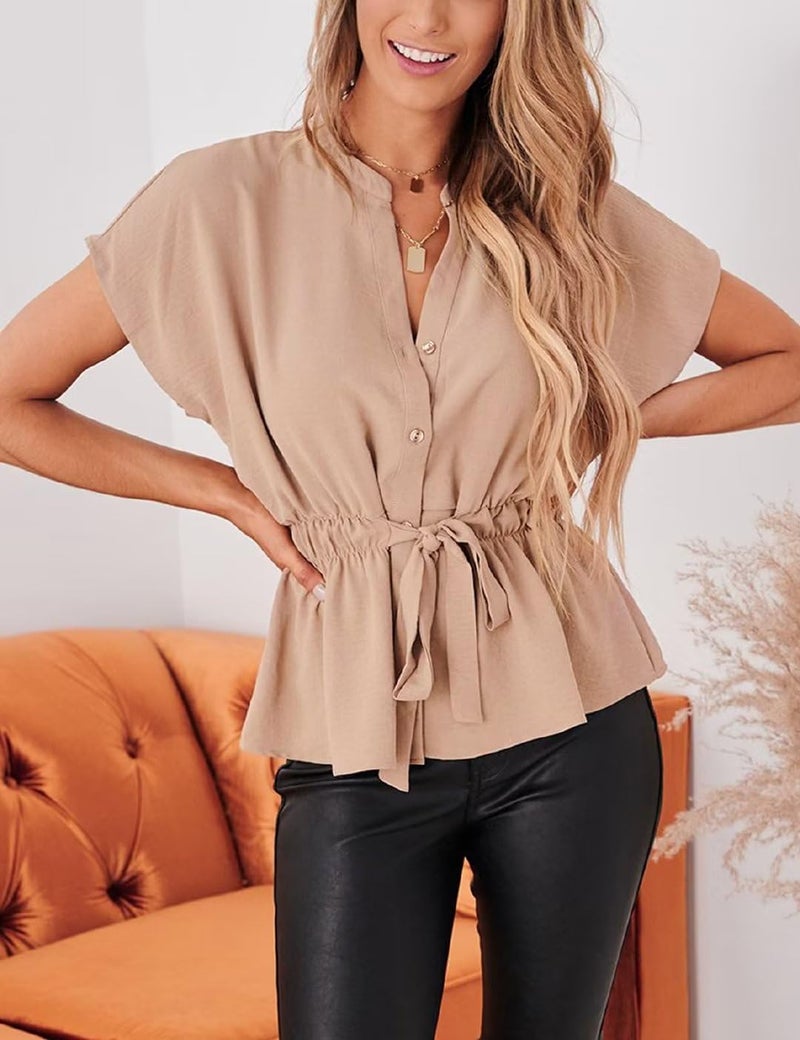CiCiBird Womens Button Down Blouses Casual Peplum Summer Tops Dressy Chiffon Work Blouse Apricot - Image 4