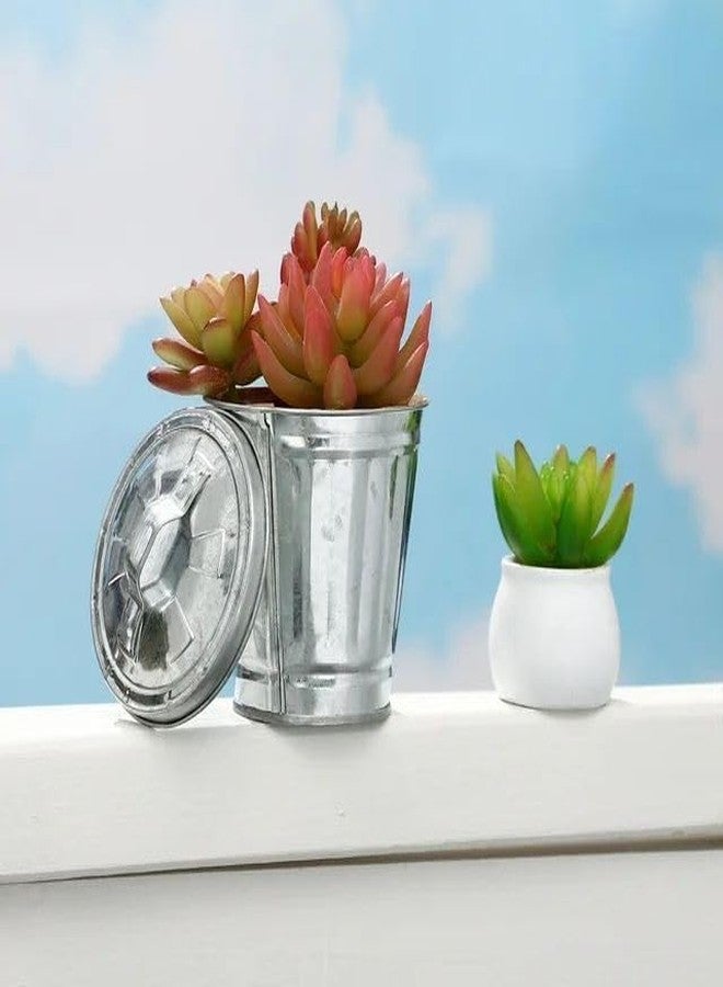 SelHeng Silver Mini Galvanized Trash Can with Lid, Mini Wastebasket Small Metal Buckets with Lids Mini Tabletop Metal Rubbish Bin Flower Pot Pen Holde Trash, Wastebaskets, 3.74" - Image 3