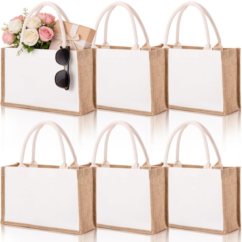 SOUJOY 6 Pack Burlap Tote Bags, Reusable Jute Gift Bags with Handles, Water Resistant Beach Bag, 14.7" x 9.8" x 4.5" Canvas Grocery Shopping Bag for Bridesmaid, DIY, Shopping, Wedding, Christmas - Image 1