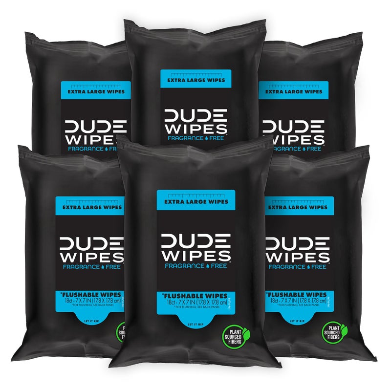 DUDE Wipes Flushable Wipes Travel Pack 6 Pack 108 Count Extra Large Unscented with Vitamin E Aloe Septic and Sewer Safe