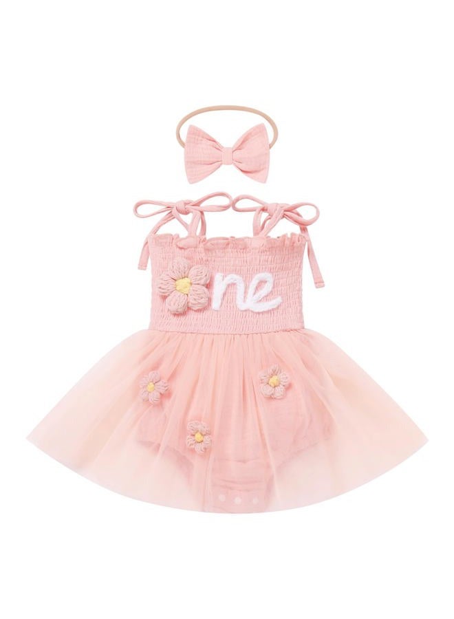 ODOLDI Baby Girls 1st Birthday Outfit Spaghetti Straps Romper Tutu Dress Headband One Year Old Party Cake Smash Photoshoot Outfits, Pink Flowers, 6-12 Months - Image 1