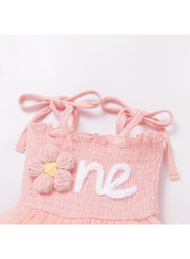 ODOLDI Baby Girls 1st Birthday Outfit Spaghetti Straps Romper Tutu Dress Headband One Year Old Party Cake Smash Photoshoot Outfits, Pink Flowers, 6-12 Months - Image 3