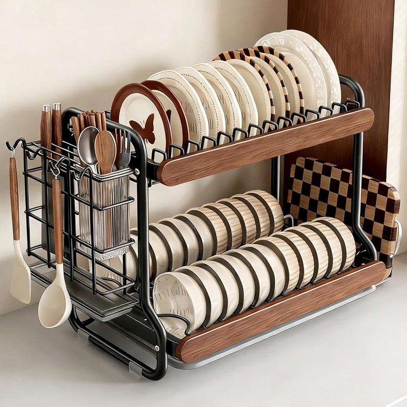 TAYRAN Double-layer kitchen countertop drain rack, made of stainless steel, with a drain board and dish rack; kitchen sink storage rack, can hold plates and bowls; black. - Image 1